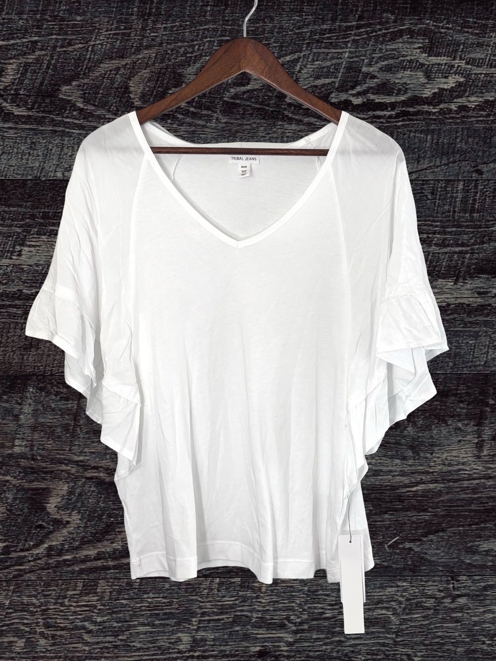 Tribal White V-Neck Ruffle Sleeve Top
